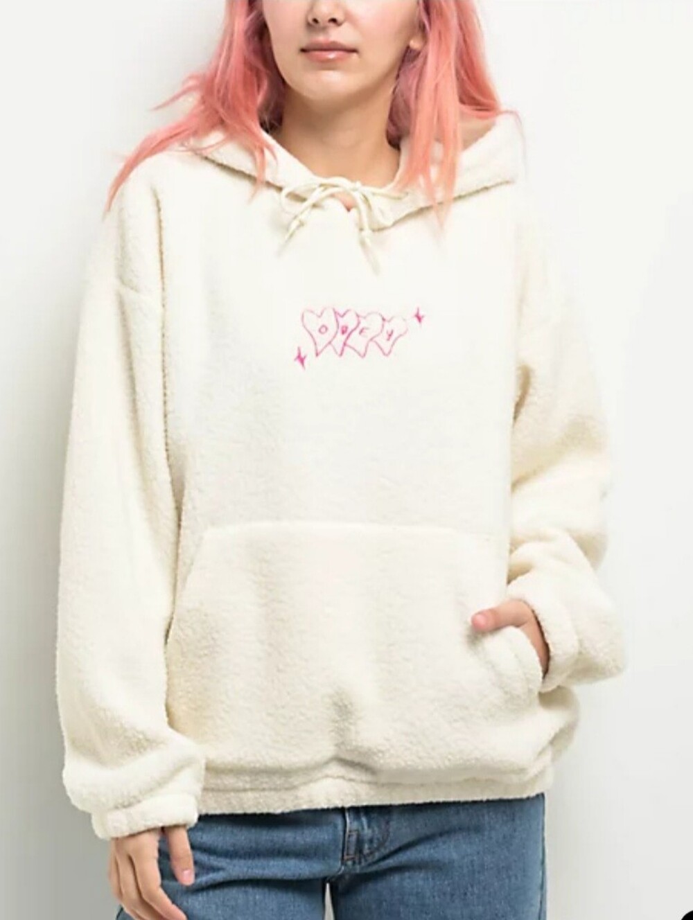 Women's Obey Teddy Fleece Sherpa Pullover Hoodie 4 Hearts Small